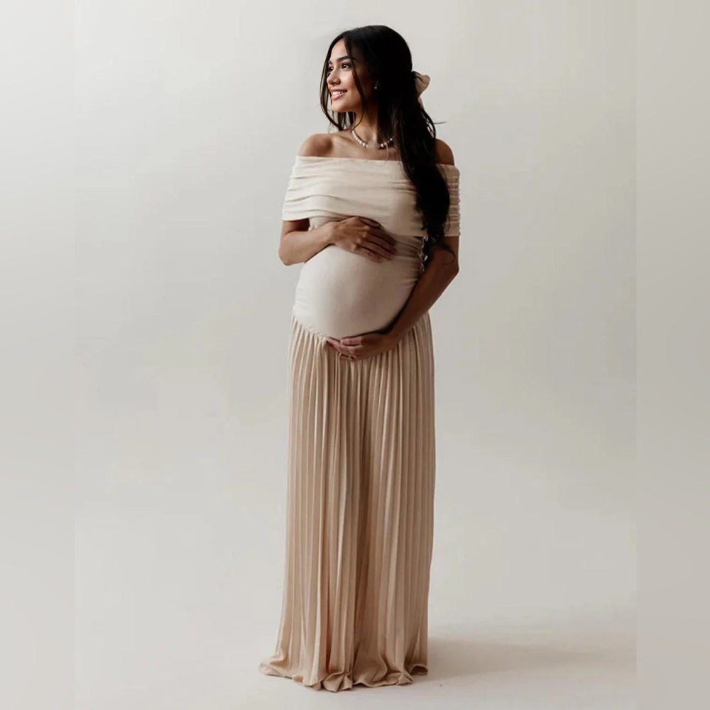 Cream Pleated Off-Shoulder Wedding Gown